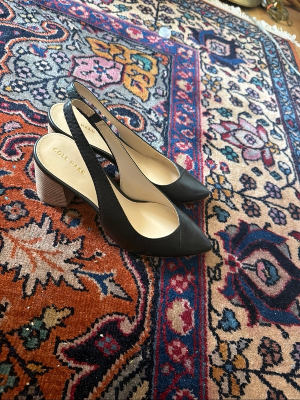 Cole Haan Black Pointed Slingback Block Heel Pumps